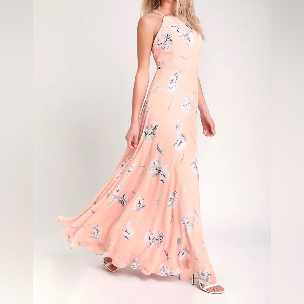 Lulus Pink Maxi Dress with Flowers and Criss Cross Back